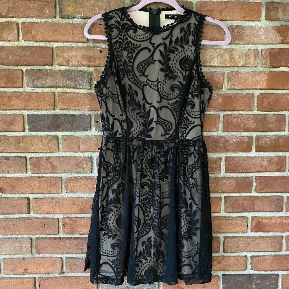 Soieblu Black and Nude Velvet Mesh Overlay Dress Small